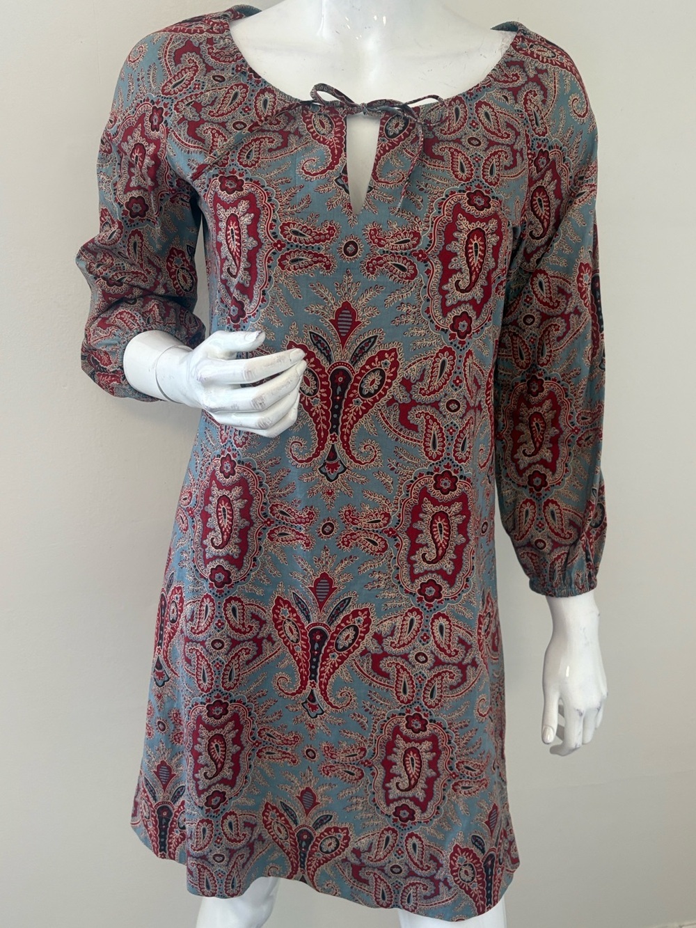 Nili Lotan Blue & Red Cotton Paisley Print Mini Tunic Style Coverup Dress